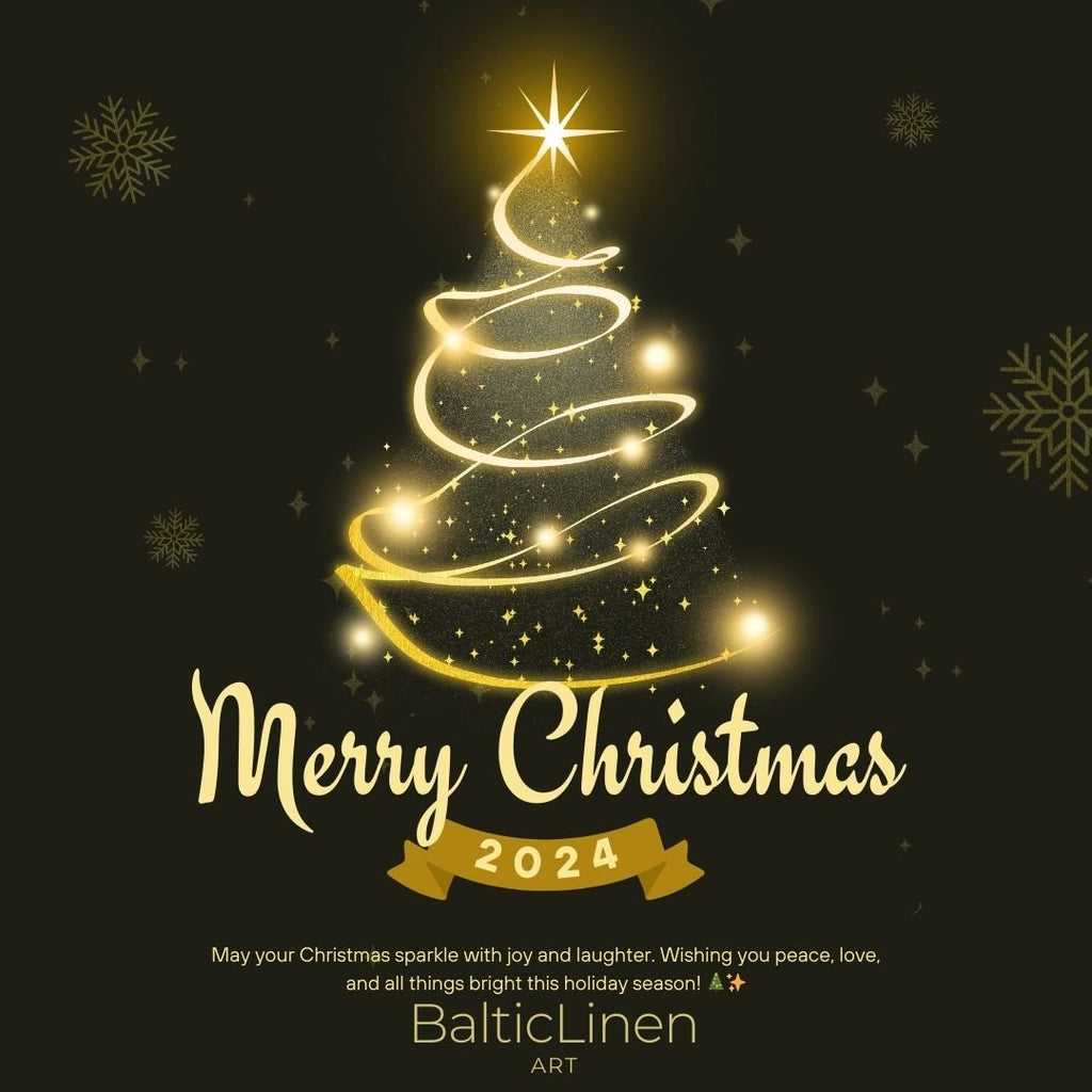A holiday greeting card showcasing a shimmering gold Christmas tree and wishing a merry Christmas to all